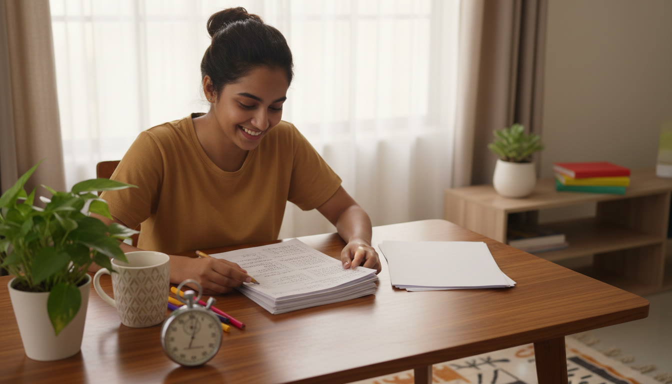Photo Idea : A student taking a timed mock exam with a stopwatch and answer sheets on a desk