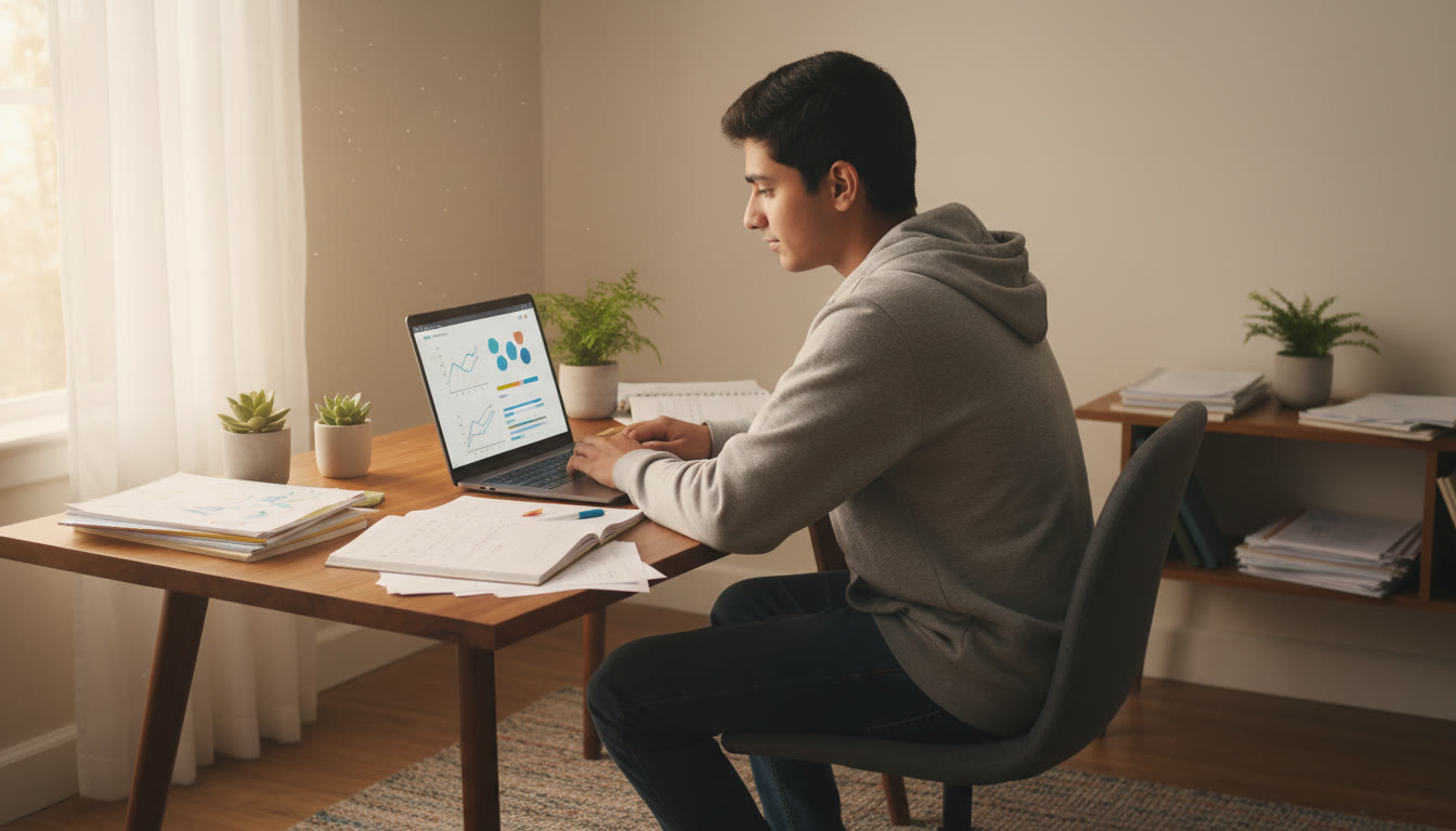 Photo Idea : A focused student at a desk, surrounded by notes and a laptop running a full-length mock test