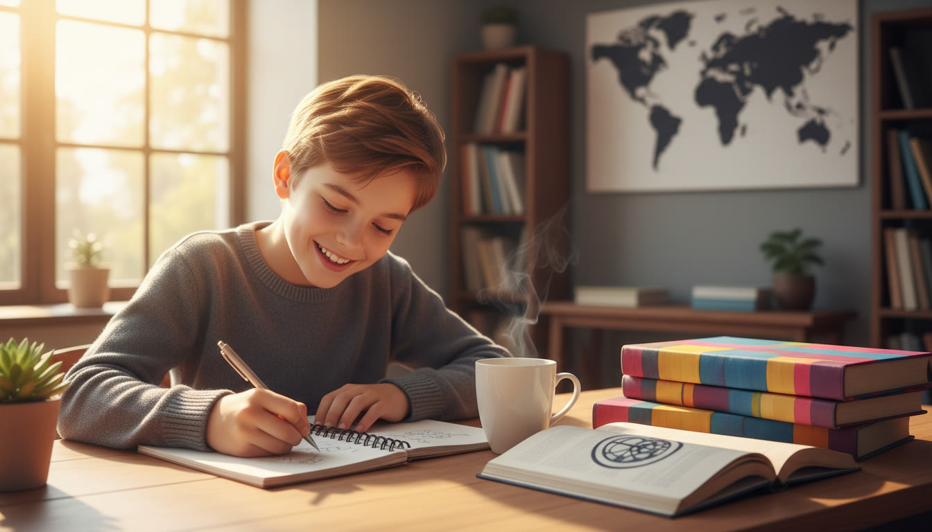 Photo Idea : A student sitting at a sunlit desk, scribbling in a notebook, with a cup of tea and IB textbooks nearby
