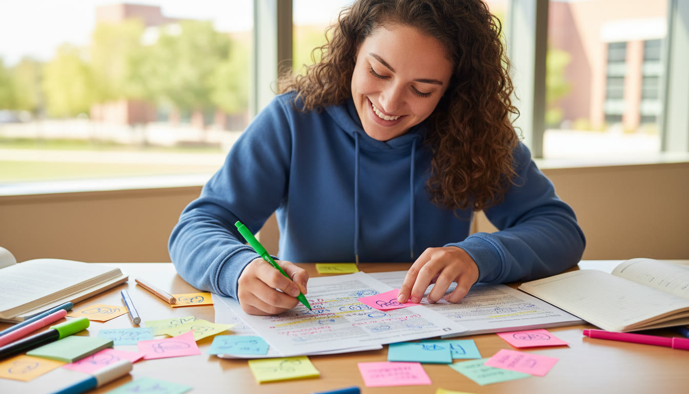 Photo Idea : A student annotating a print text with colored pens and sticky notes