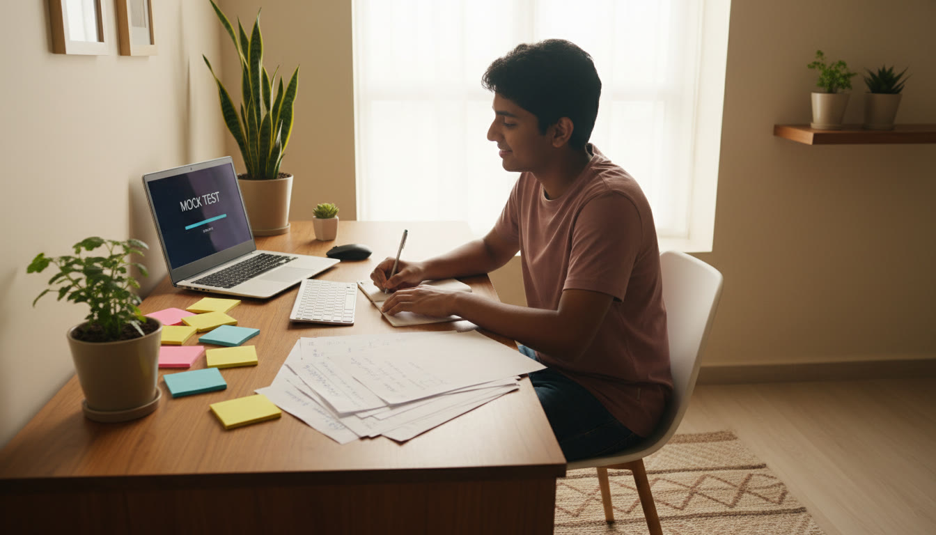 Photo Idea : focused student at a desk studying with test papers, laptop showing a timed mock, and sticky notes