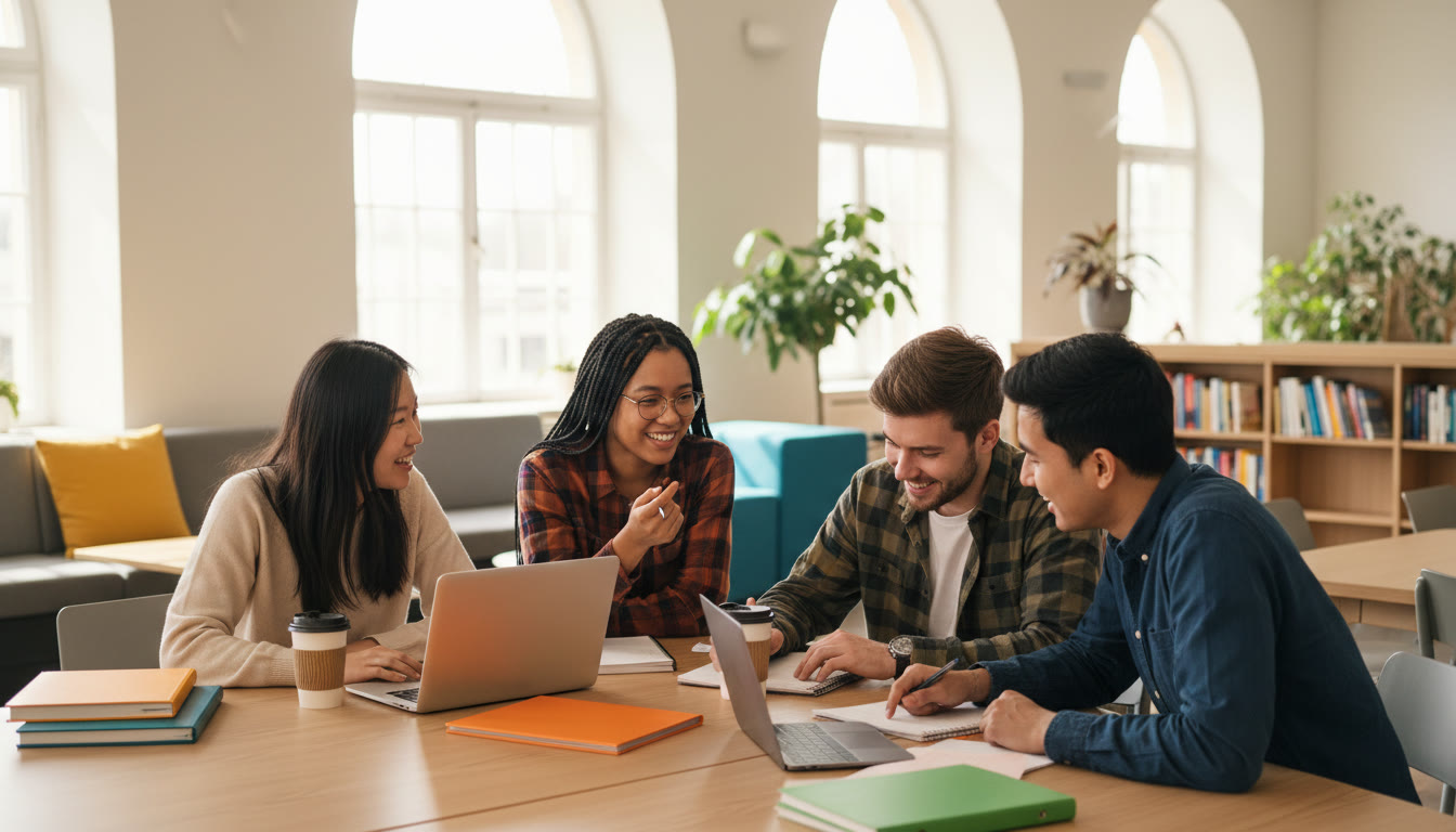 Photo Idea : A small group of diverse students working over laptops and notebooks in a bright campus common area