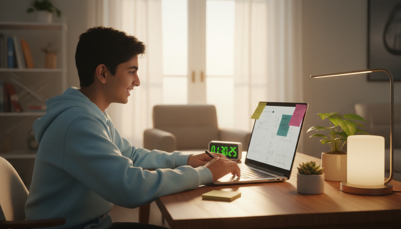 Photo Idea : [A focused student at a tidy desk solving problems on a laptop with a timer and sticky notes visible]