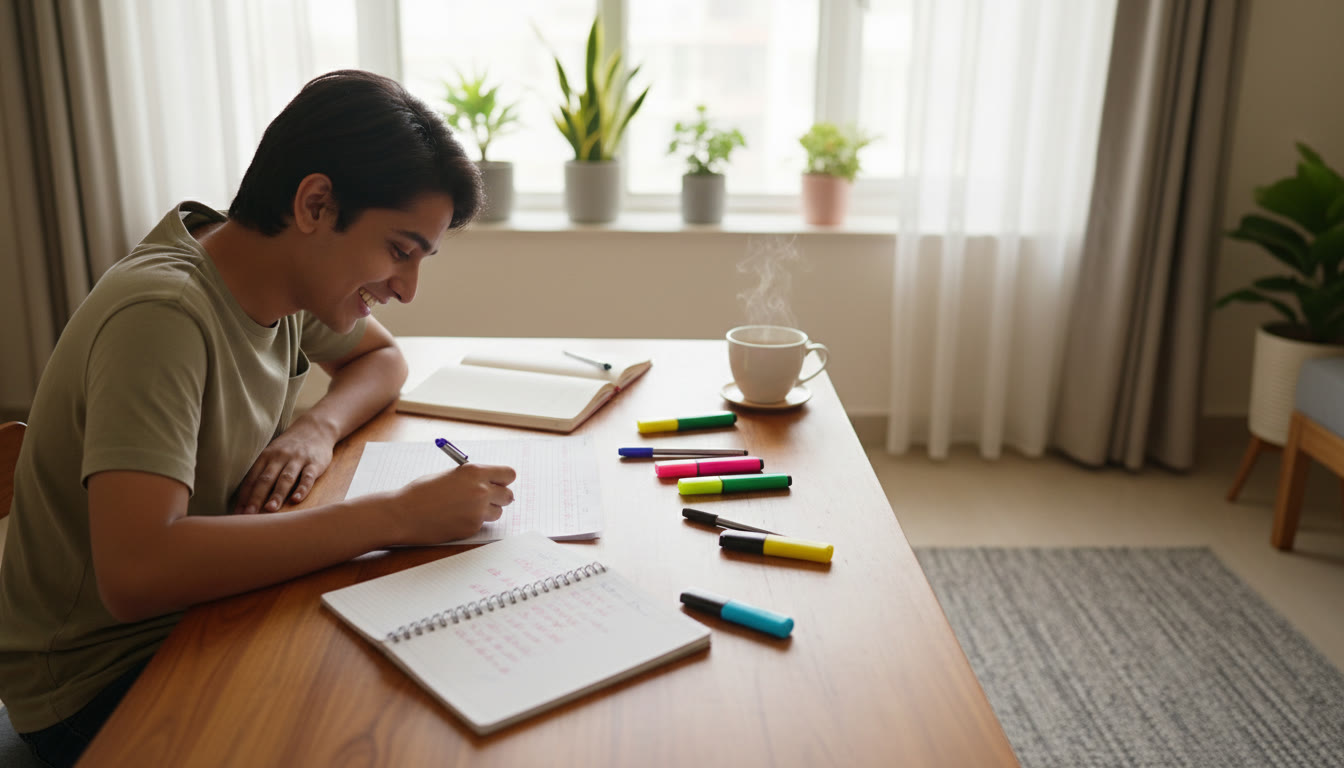 Photo Idea : Student at a desk reviewing a marked answer sheet with colorful highlighters and an open notebook