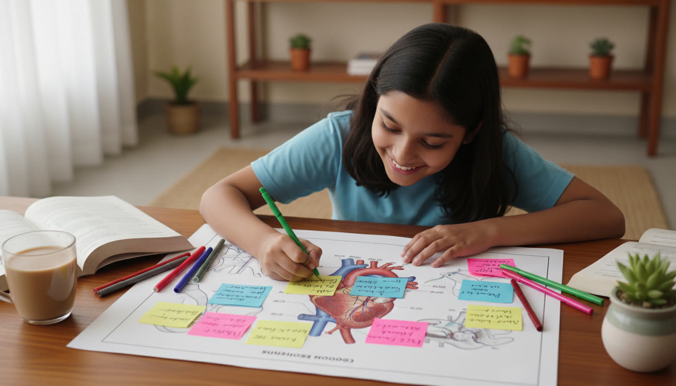 Photo Idea : Close-up of a student annotating a biology diagram with sticky notes and colored pens