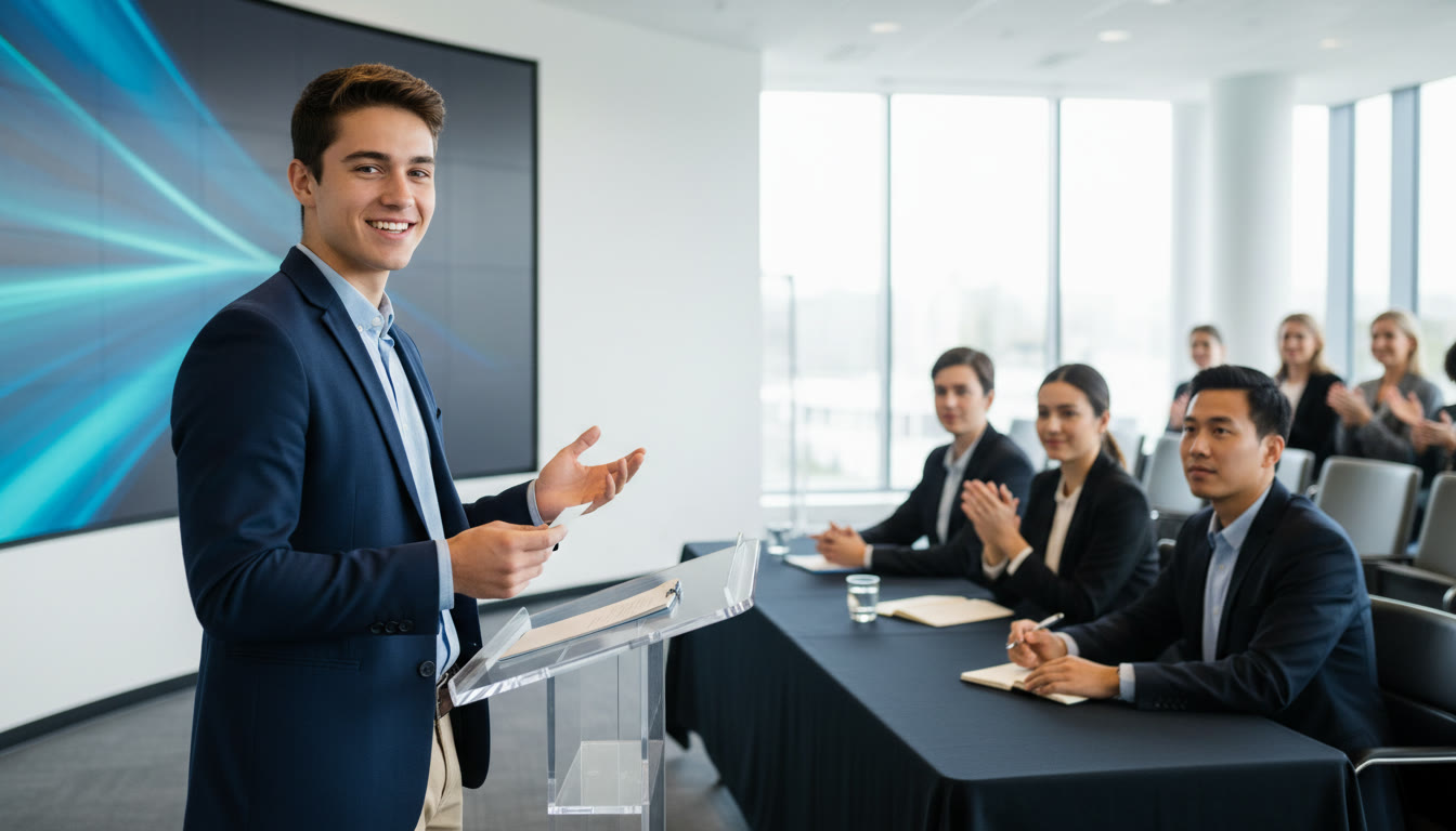 Photo Idea : A confident student in a debate setting holding notes and speaking to a panel