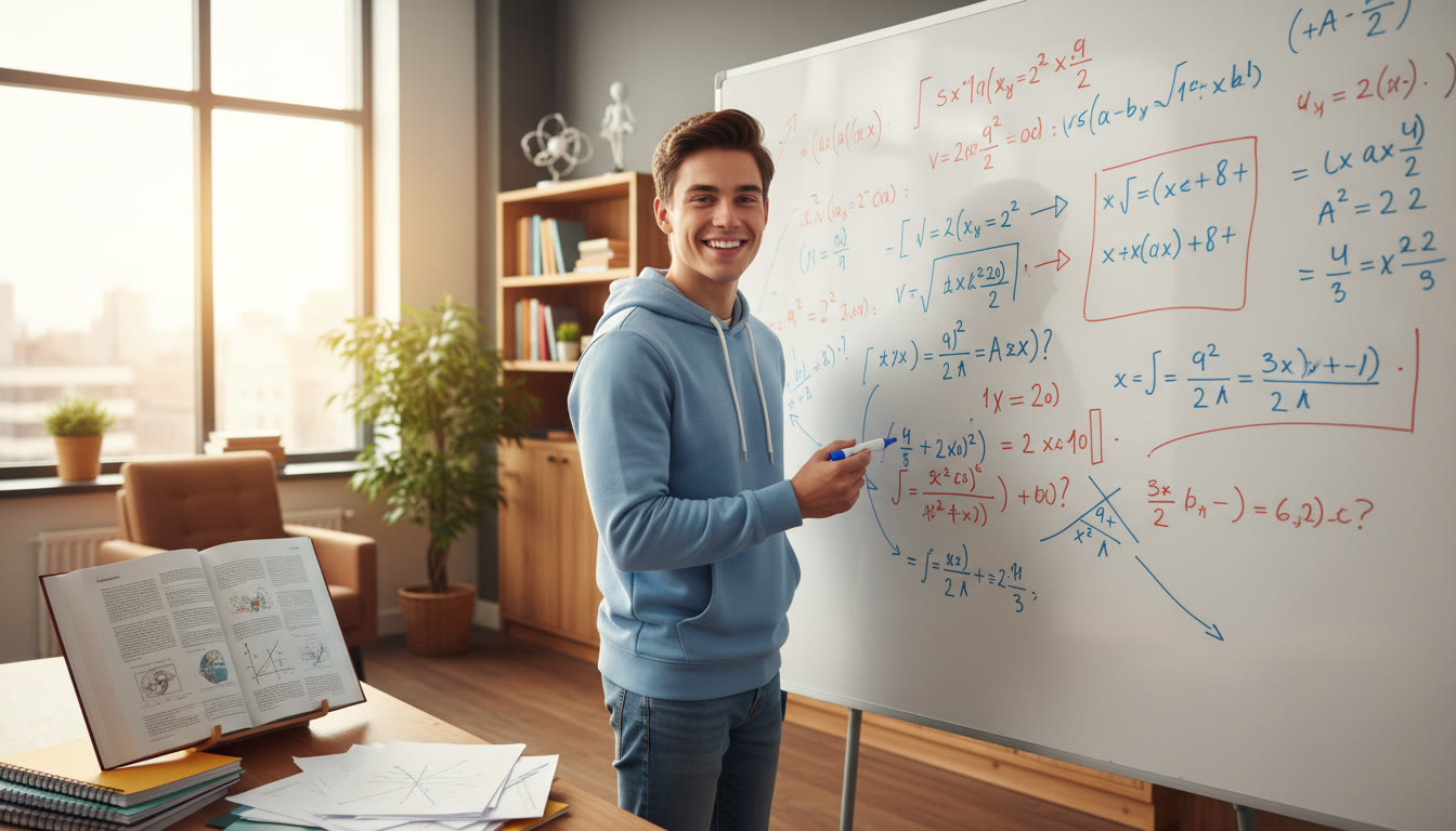 Photo Idea : Student solving calculus problems on a whiteboard with notes and a textbook open