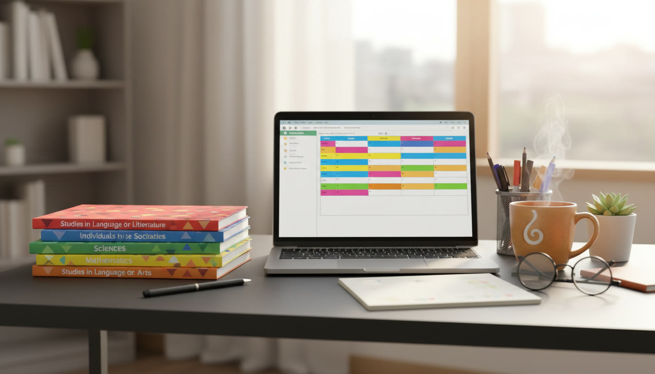 Photo Idea : A neat desk with color-coded subject notebooks, a laptop displaying a timetable, and a coffee mug