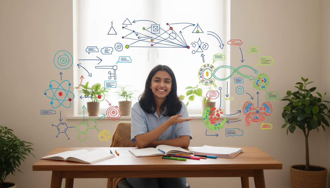 Photo Idea : A student at a study table surrounded by colorful concept maps and labeled diagrams for physics, chemistry and biology