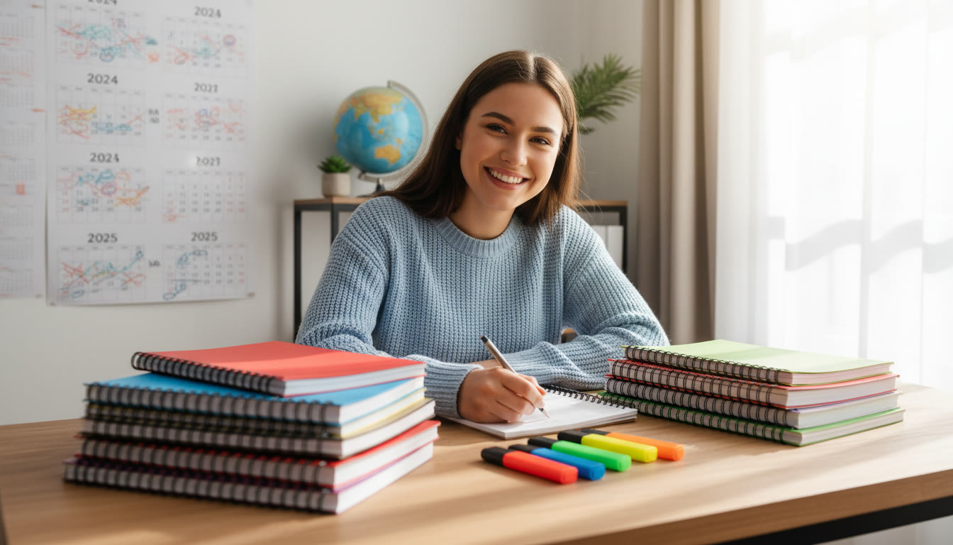 Photo Idea : A student at a desk with color-coded notebooks, a calendar marked across two years, and highlighters laid out.
