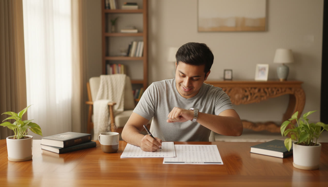Photo Idea : Student practicing with a printed OMR sheet and a black pen, focused and timing with a wristwatch.