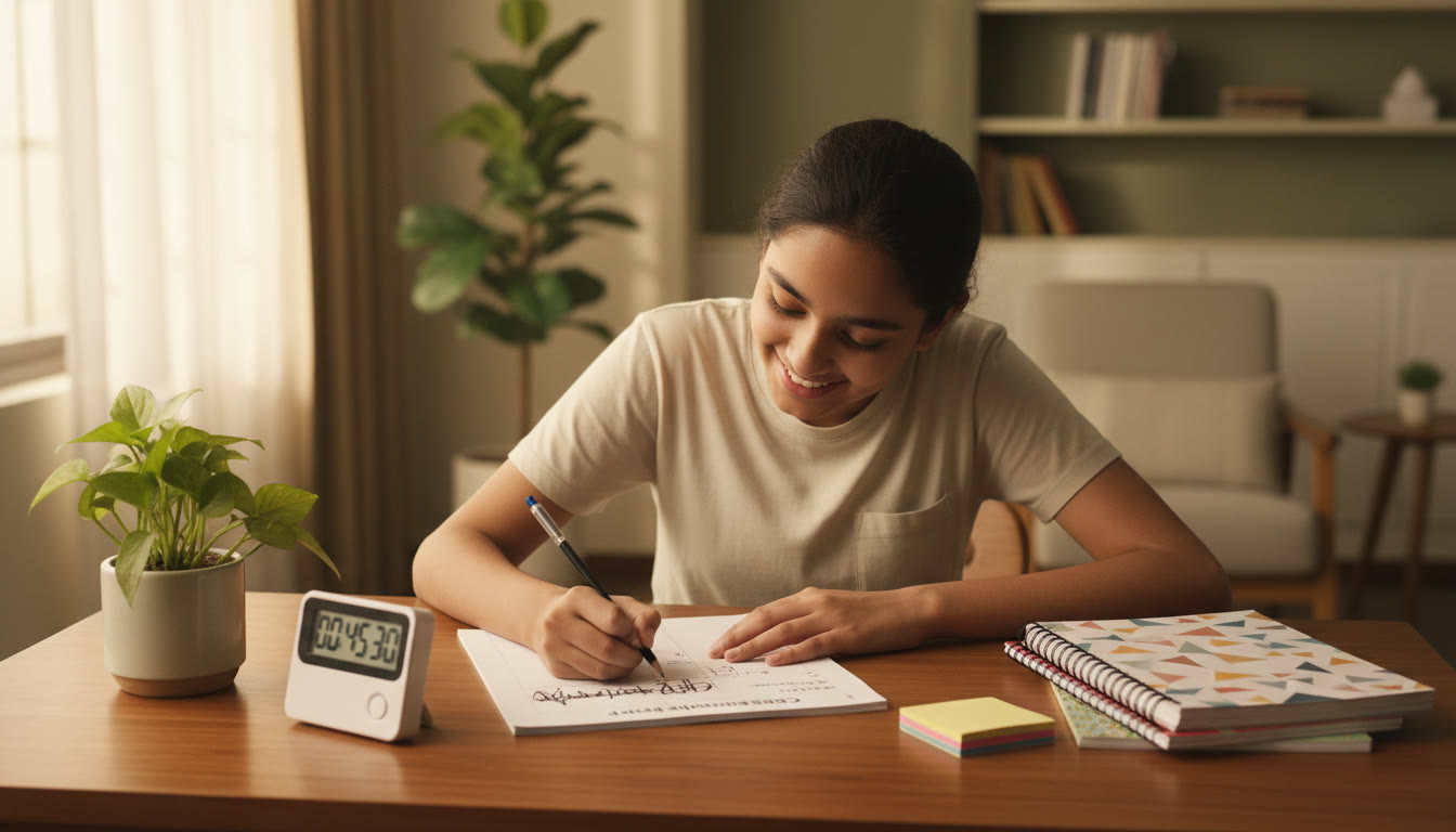 Photo Idea : a focused student solving a CBSE sample paper at a desk with a timer and neatly organized notes
