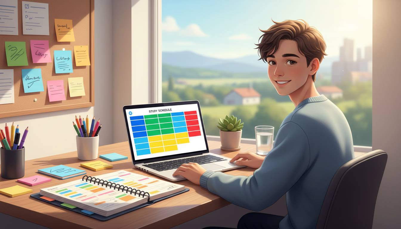 Photo Idea : Student at a tidy desk with a color-coded planner, sticky notes, and a laptop displaying a study schedule