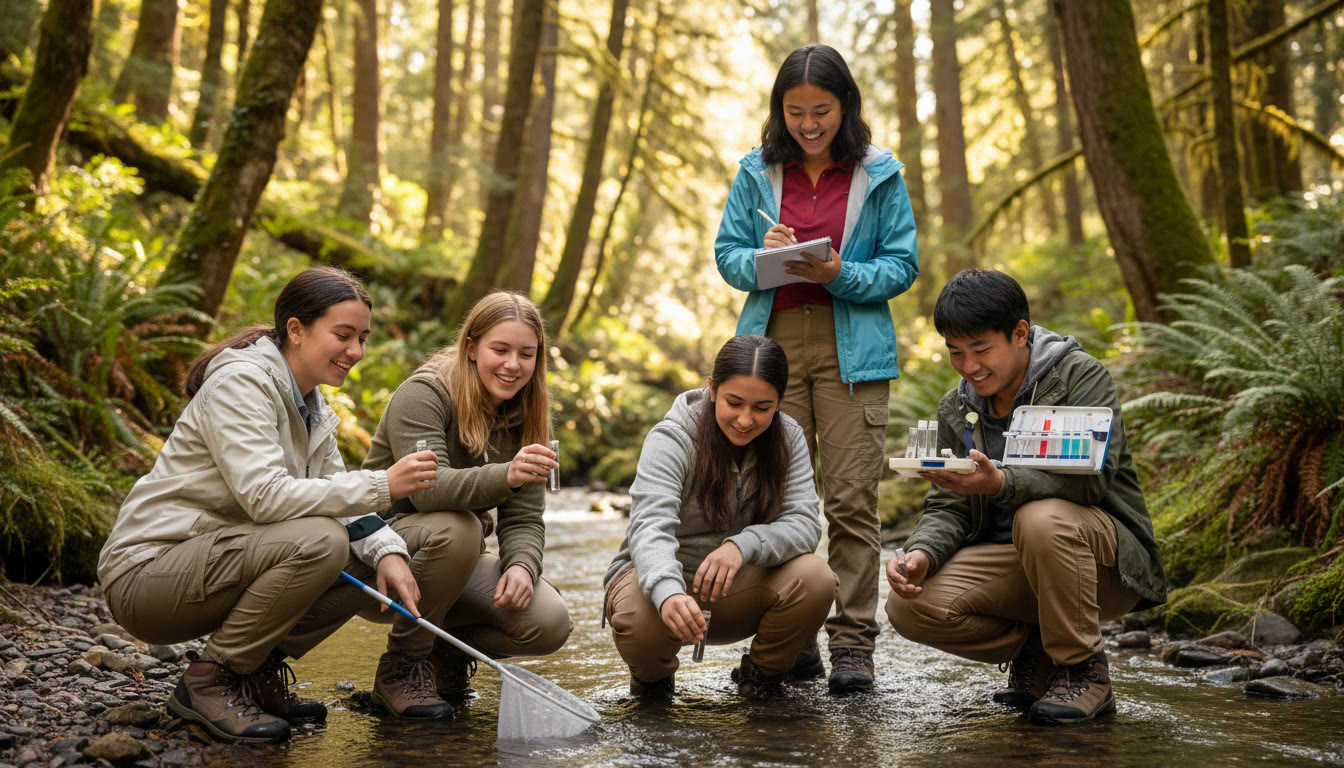 Photo Idea : Students collecting water samples from a stream with notebooks and a field kit