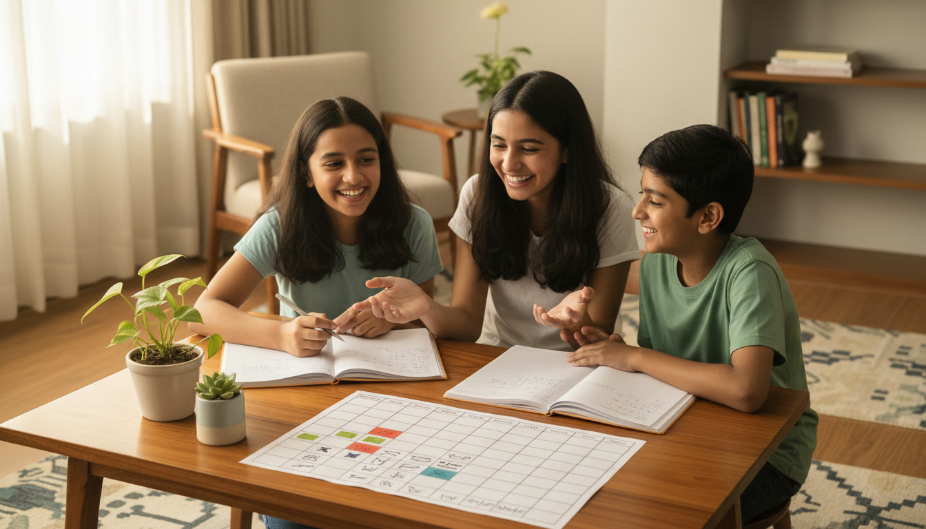 Photo Idea : Students at a wooden study table with two open notebooks and a calendar showing a study timetable