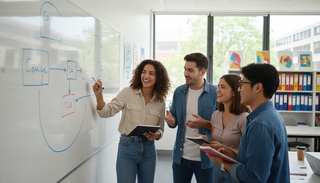 Photo Idea : Small group of students in discussion around a whiteboard labeled