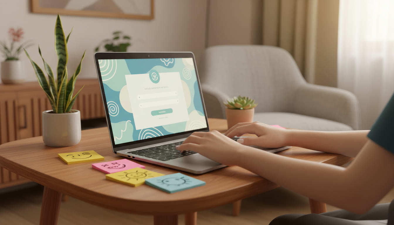 Photo Idea : Close-up of hands filling an online form on laptop with counseling portal visible and sticky notes