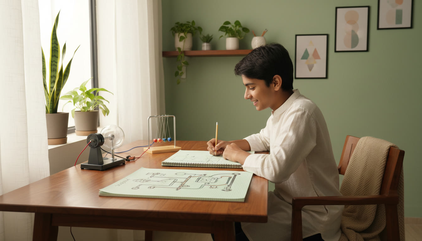 Photo Idea : A student sketching a labeled physics experiment setup on a lab notebook with graph paper