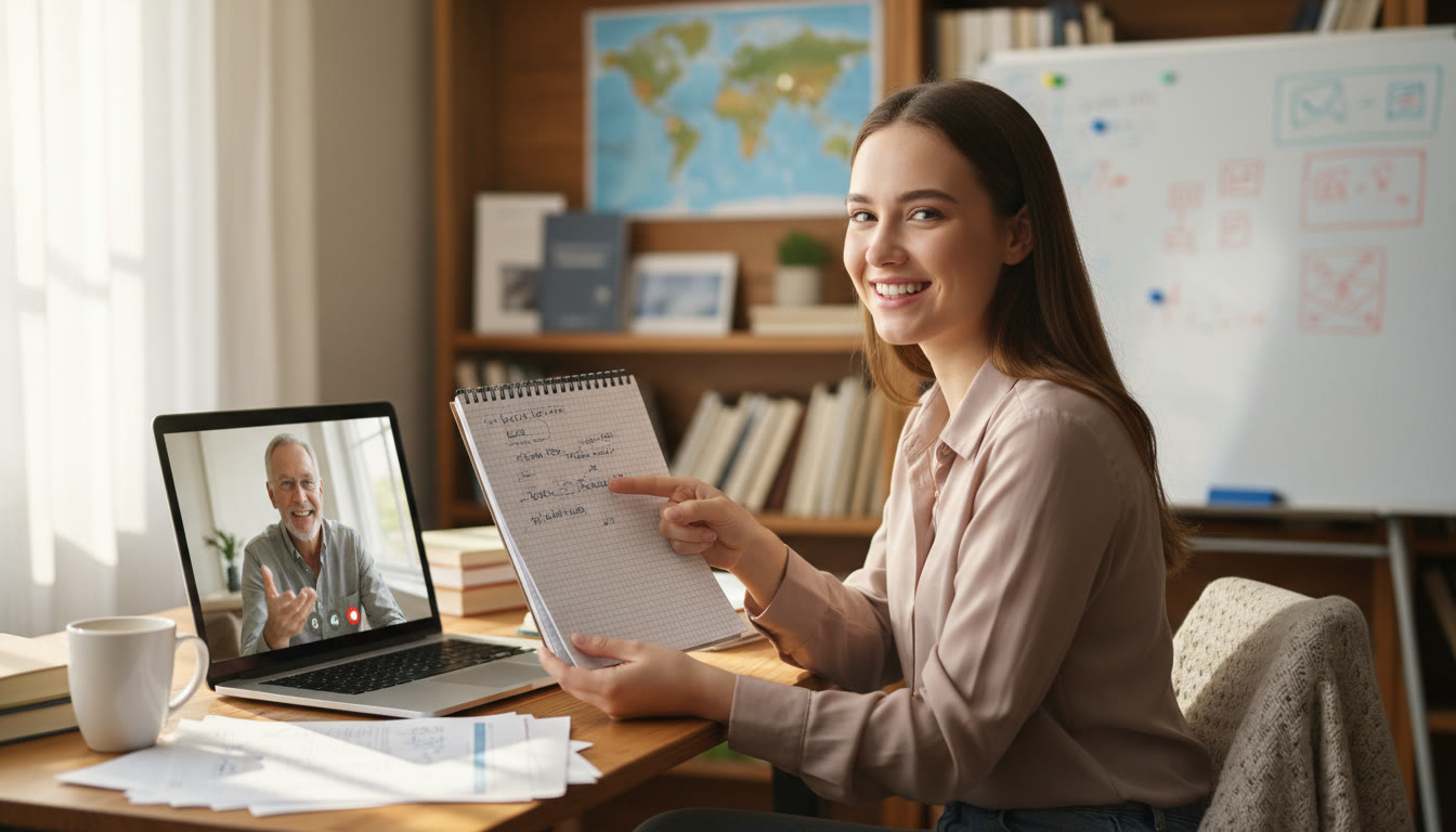 Photo Idea : A student rehearsing for a university interview with notes and a tutor on a laptop