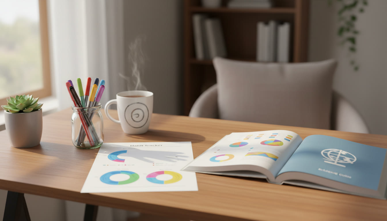 Photo Idea : A tidy study desk with a single-page tracker, colored pens, and an open IB subject guide