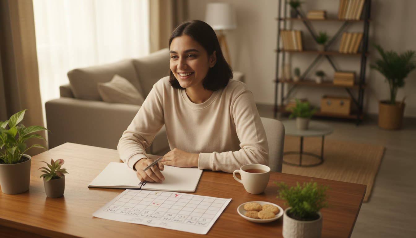 Photo Idea : Student at a desk with an open notebook, a neat timetable, and a cup of tea