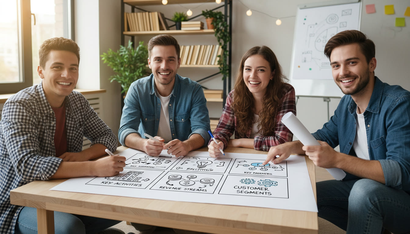 Photo Idea : A small group of young people sketching a business model canvas on a large sheet of paper