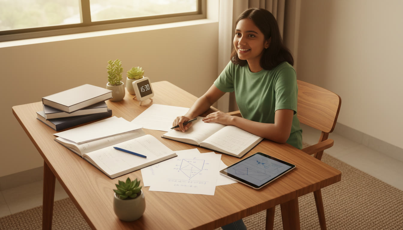 Photo Idea : Student at a study desk with physics notes, a sketch of a free-body diagram on paper, and a countdown timer
