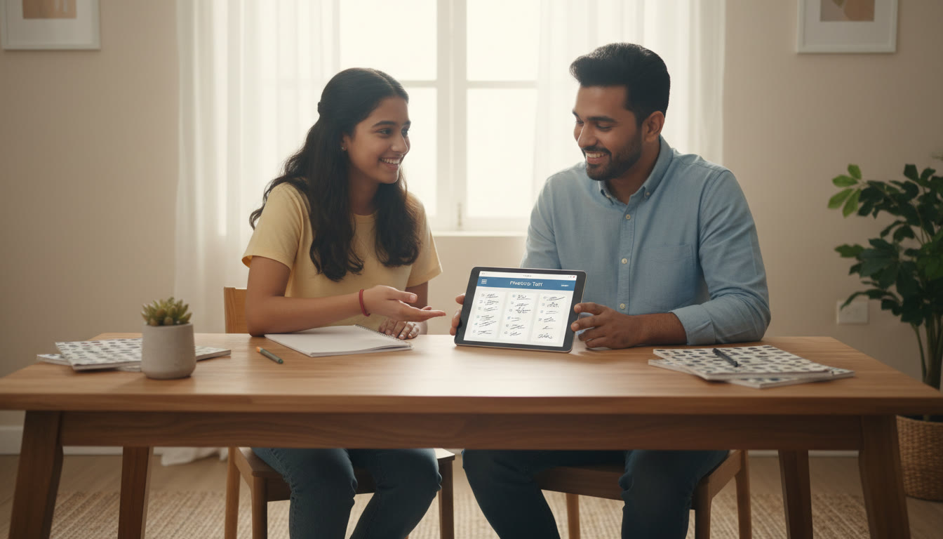 Photo Idea : A student and a tutor working at a desk with a tablet showing a practice test and notes, light-filled room