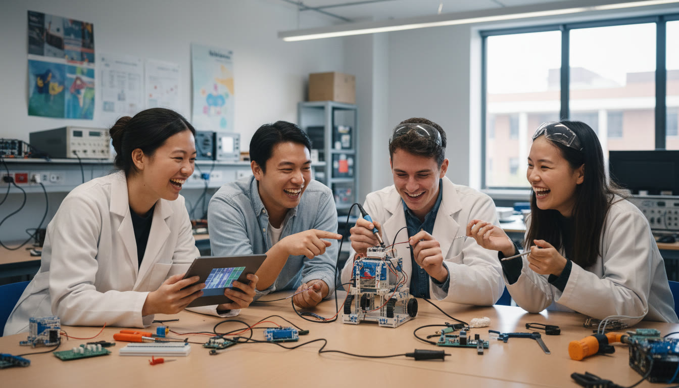 Photo Idea : IB DP students collaborating around a small robotics prototype at a lab table