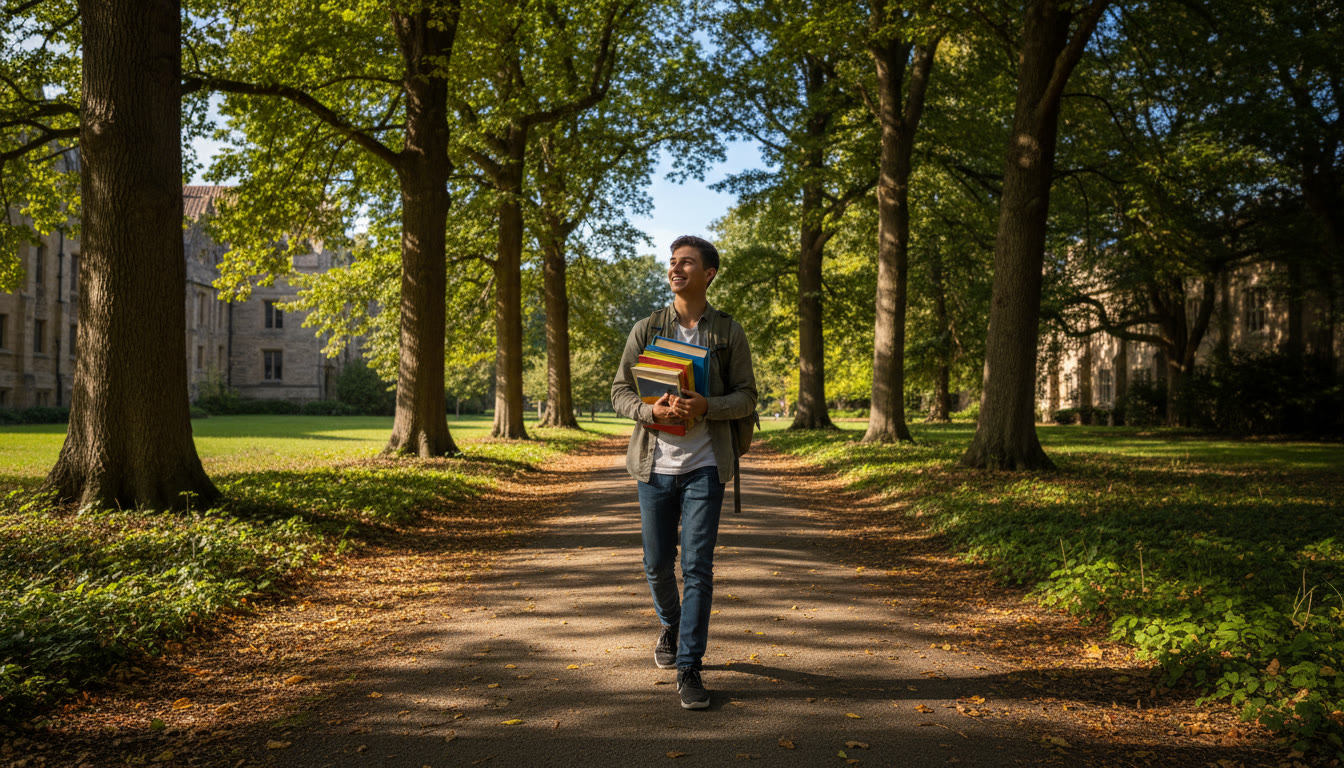 Photo Idea : Student taking a short walk with a backpack and textbooks, sunlight through trees