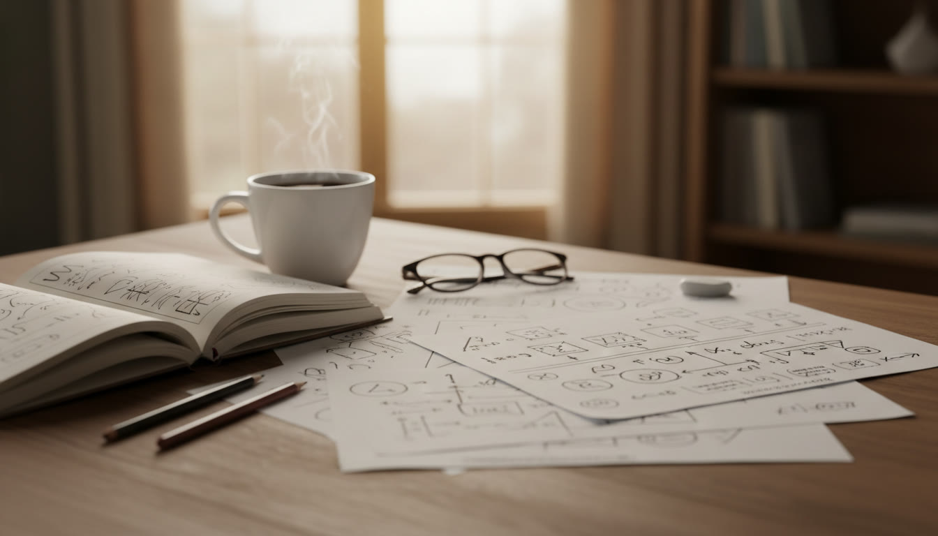 Photo Idea : Close-up of annotated academic papers, a notebook with handwritten notes, and a cup of coffee on a desk