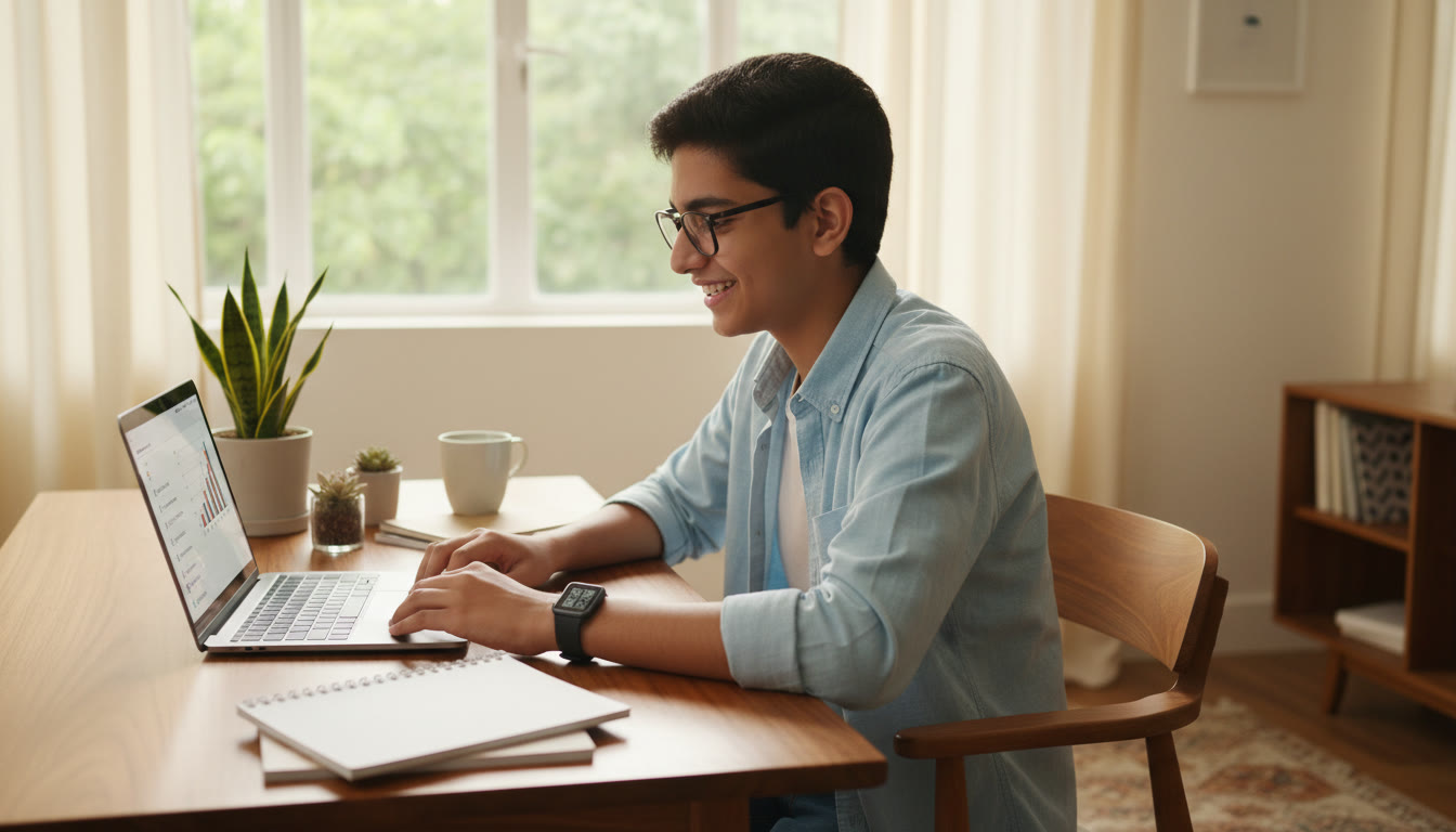Photo Idea : A focused student at a desk taking a timed mock test on a laptop, a wristwatch visible
