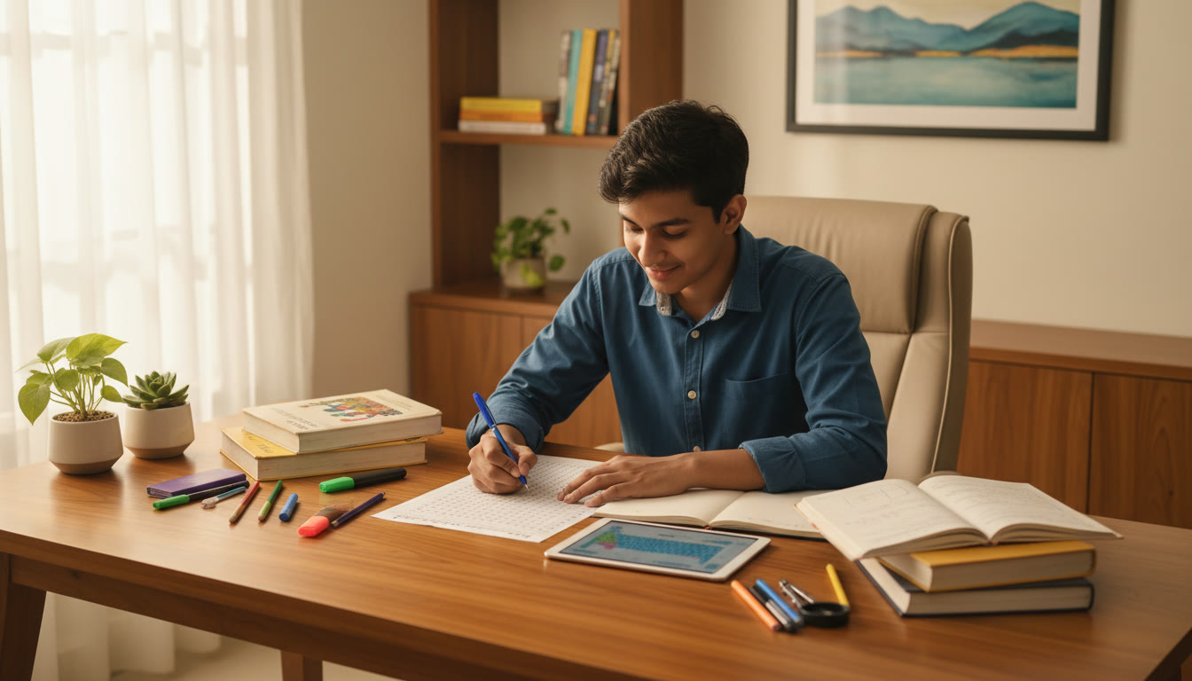 Photo Idea : A focused student filling an OMR answer sheet with a pen, surrounded by NEET study materials