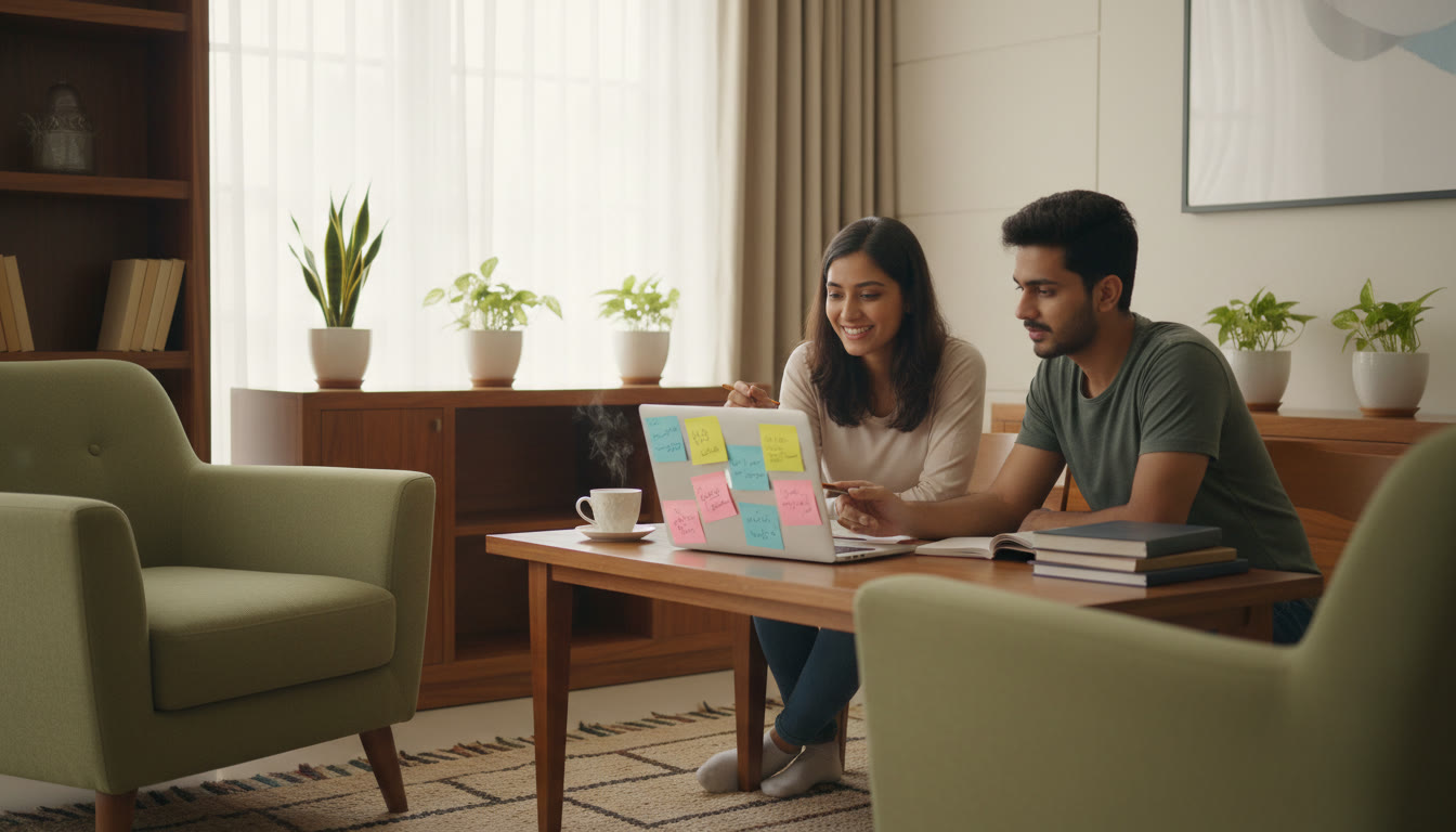Photo Idea : A tutor and student reviewing a mock-test error log on a laptop with sticky notes