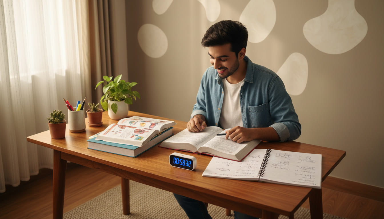 Photo Idea : A focused student studying at a desk with open biology and chemistry books, a notebook with practice MCQs, and a digital timer.