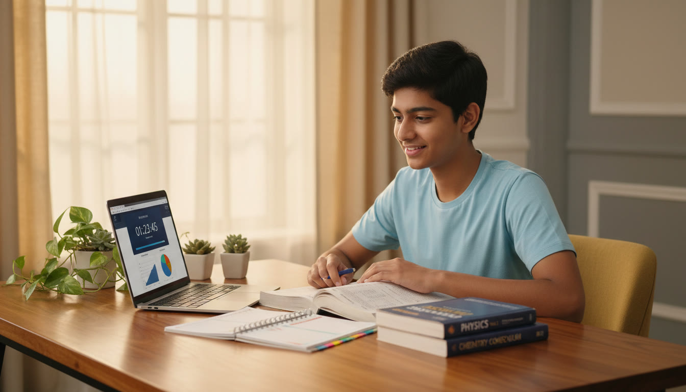 Photo Idea : A focused teenager at a study table with textbooks, a laptop showing a mock-test timer, and a neat planner.