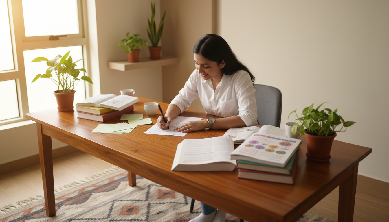 Photo Idea : Student concentrating over an OMR sheet with a watch and open physics, chemistry, and biology books
