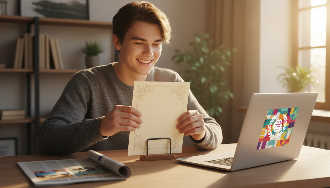 Photo Idea : Student arranging a physical certificate and a printed newspaper clipping beside a laptop with a digital portfolio open