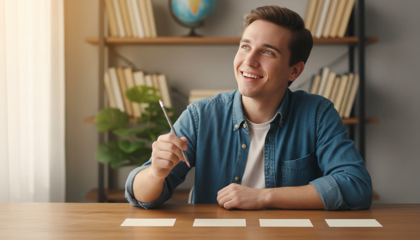 Photo Idea : a student at a desk with three notecards labeled Topic A, Topic B, Topic C and a pencil poised to choose