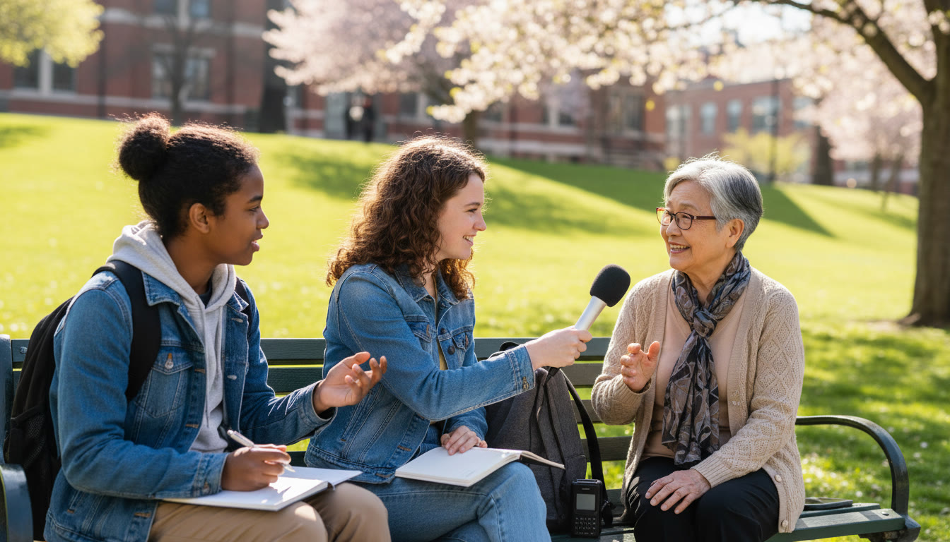 Photo Idea : A small group of students conducting an outdoor interview with an elderly community member, microphones and notebooks visible