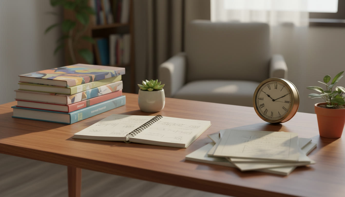 Photo Idea : A student’s study desk with school textbooks on one side and JEE notes, a planner, and a clock on the other