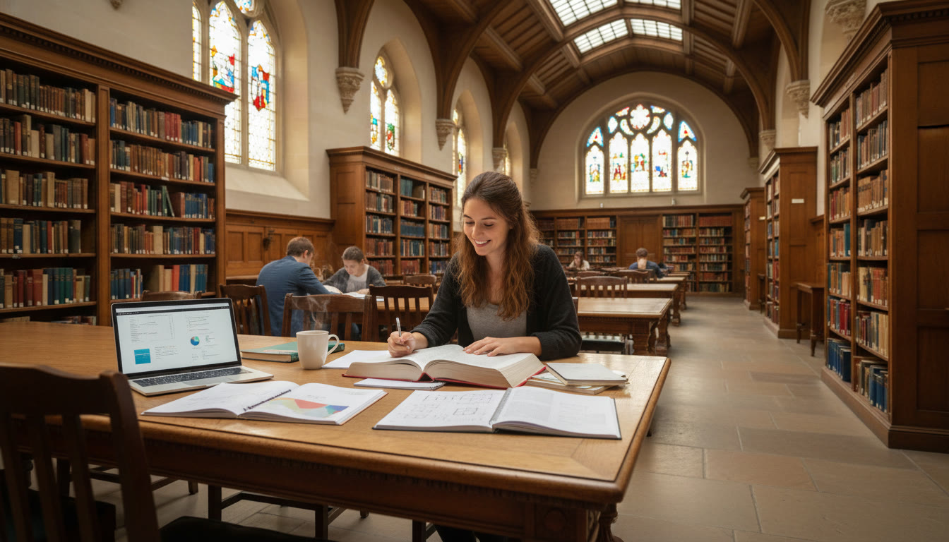 Photo Idea : A focused IB student reading in an old university library, notebooks and a laptop open