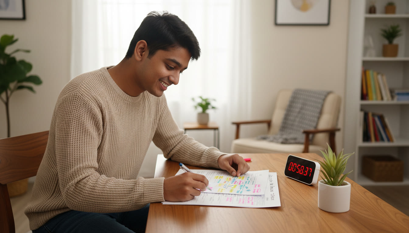 Photo Idea : Student analyzing a mock-test printout with colorful notes and a timer next to them