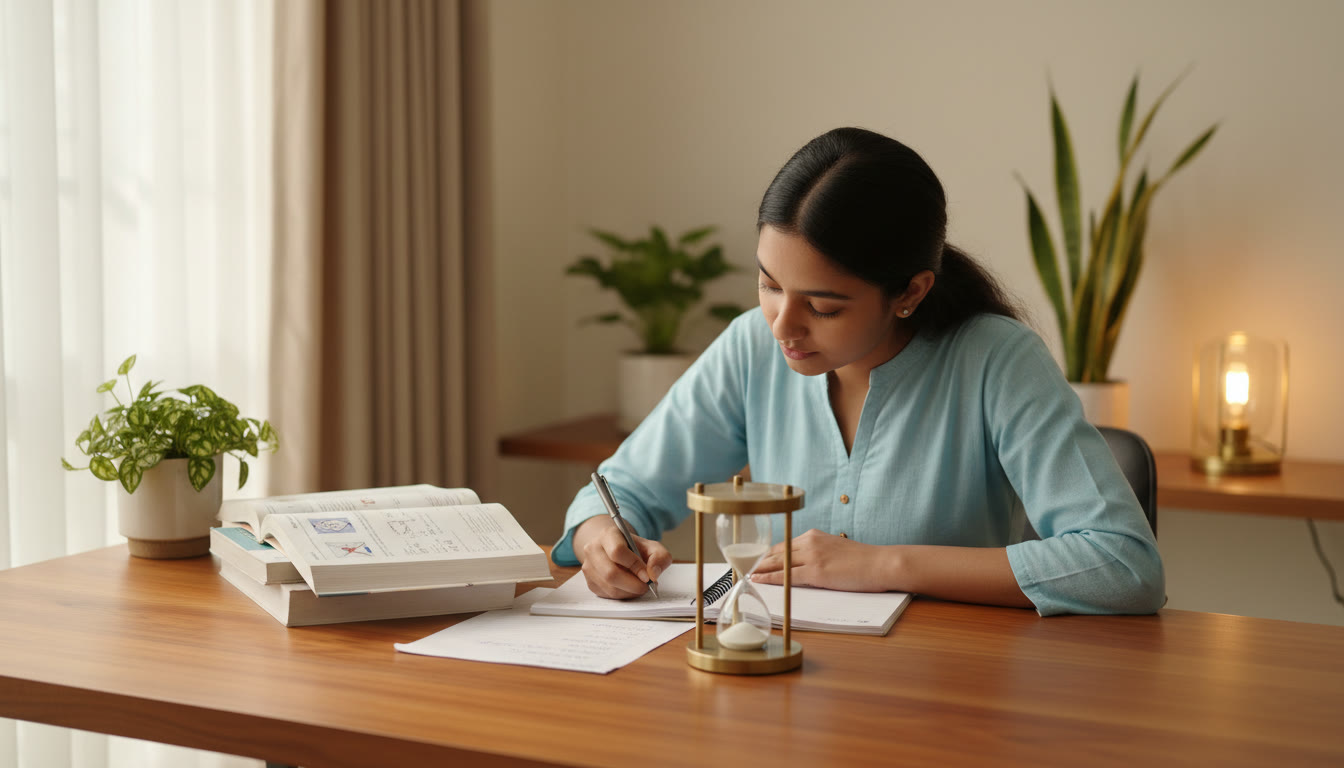 Photo Idea : A focused student writing at a desk with textbooks, an answer sheet, and a timer visible