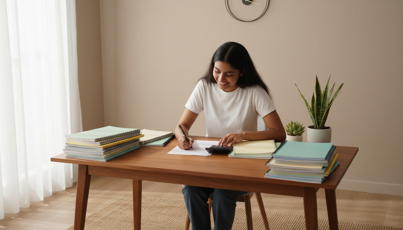 Photo Idea : A student at a desk surrounded by neatly organized notebooks, a clock showing focused time, and a mock test paper in progress