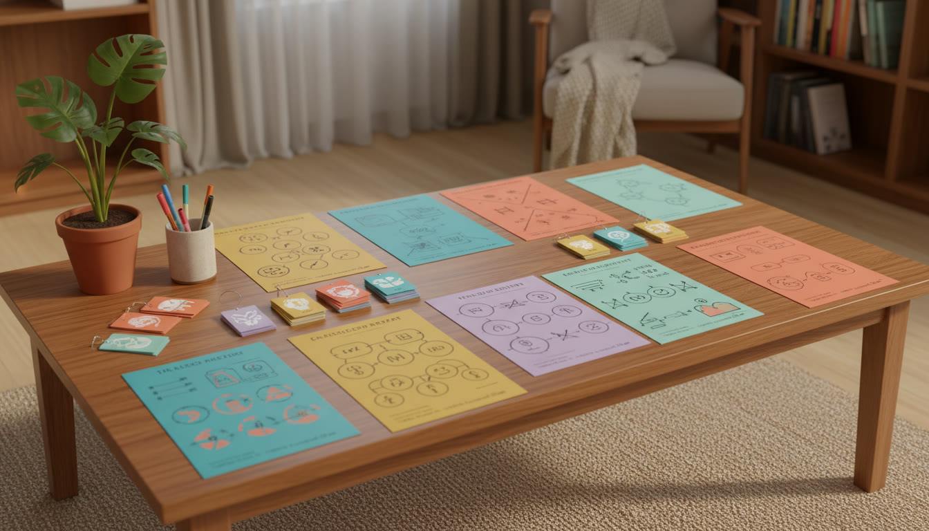 Photo Idea : A set of colourful one-page revision sheets and flashcards spread across a study table