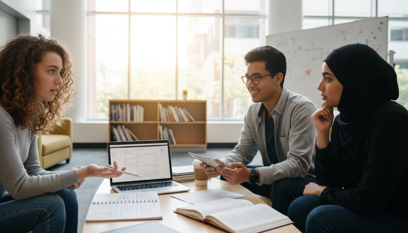 Photo Idea : Students in a small-group interview rehearsal, with a notebook open to bullet points and a laptop showing notes