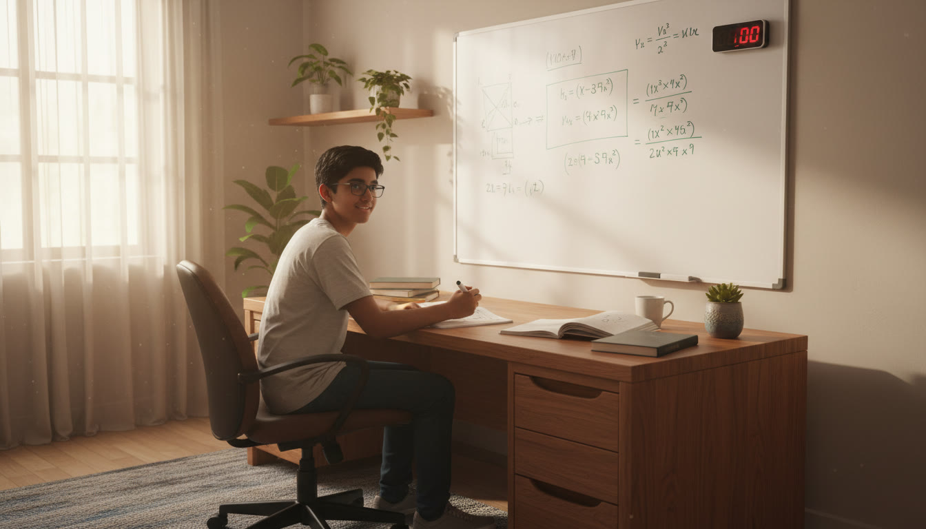 Photo Idea : A focused student at a study desk solving layered physics equations on a whiteboard with a visible timer and scattered notebooks