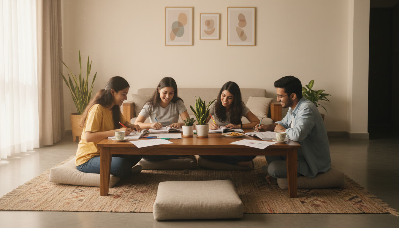 Photo Idea : A study group analyzing a recent mock test on a table with color-coded error logs