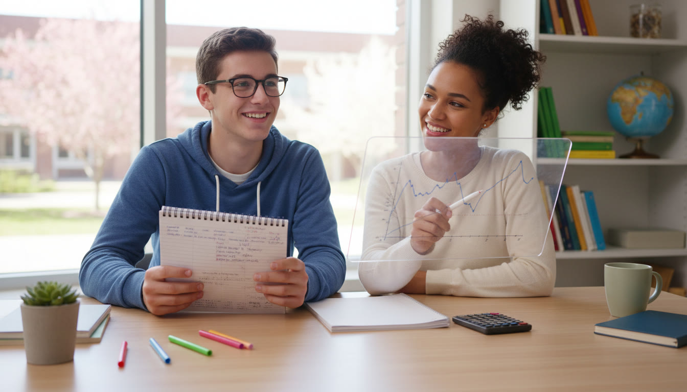 Photo Idea : Student at a tidy desk reviewing a lab notebook while a tutor points at a graph